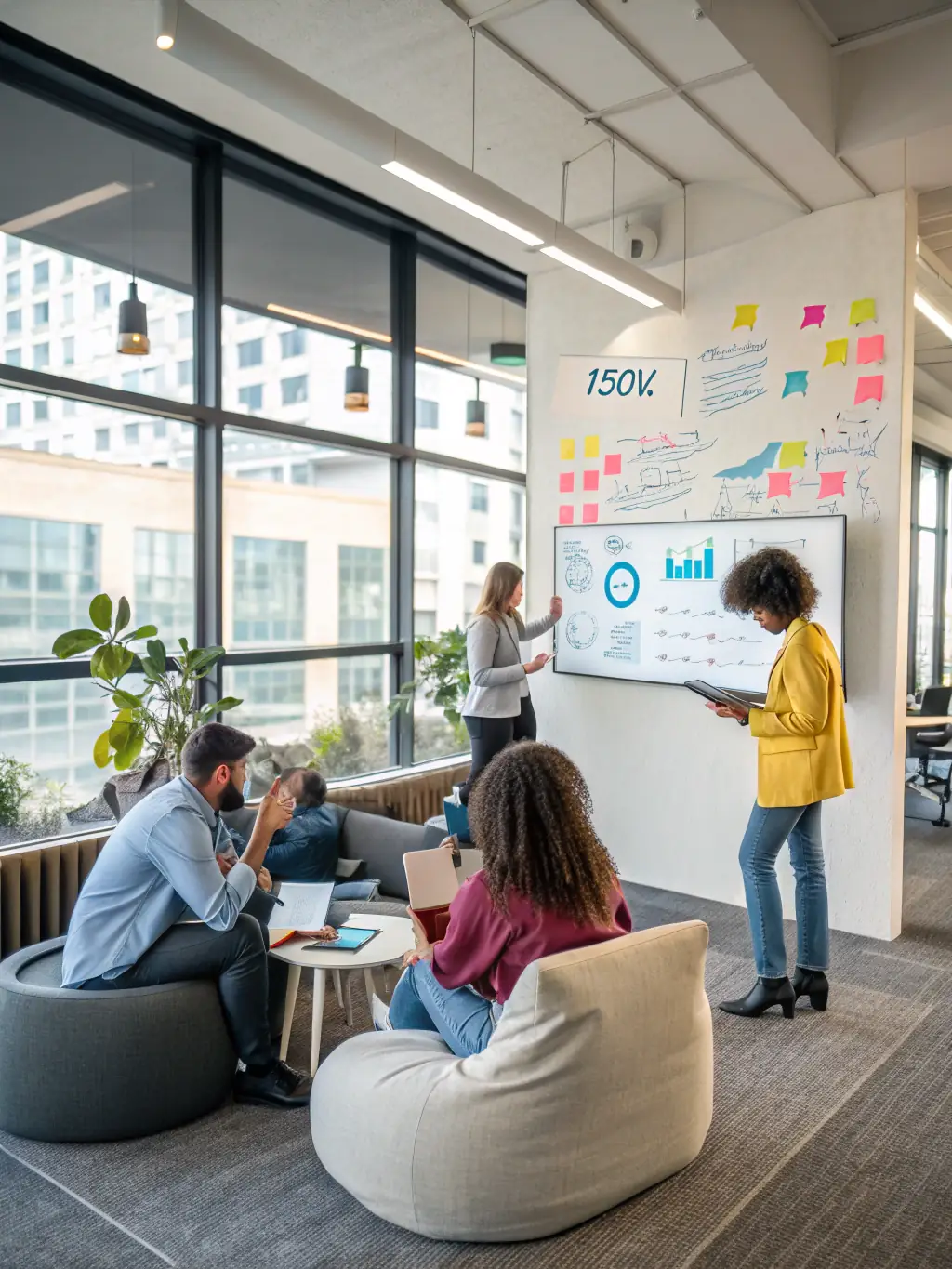 A team of consultants collaborating over a digital marketing plan displayed on a large screen, representing marketing strategy development.