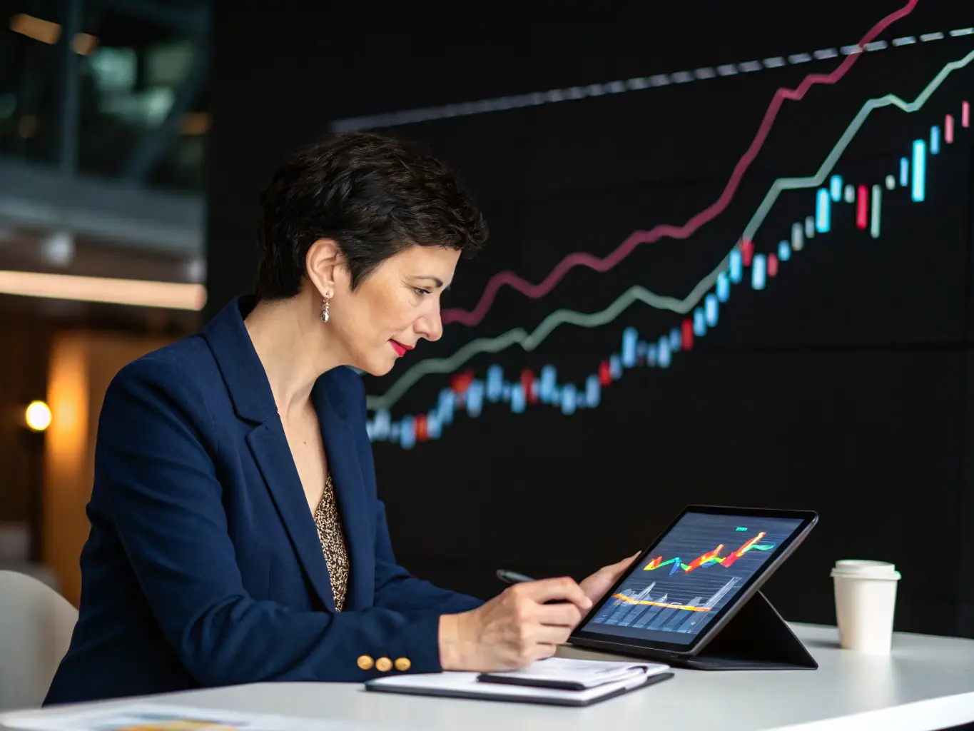 A consultant analyzing marketing data on a laptop, with charts and graphs displayed on the screen, in a modern office setting.