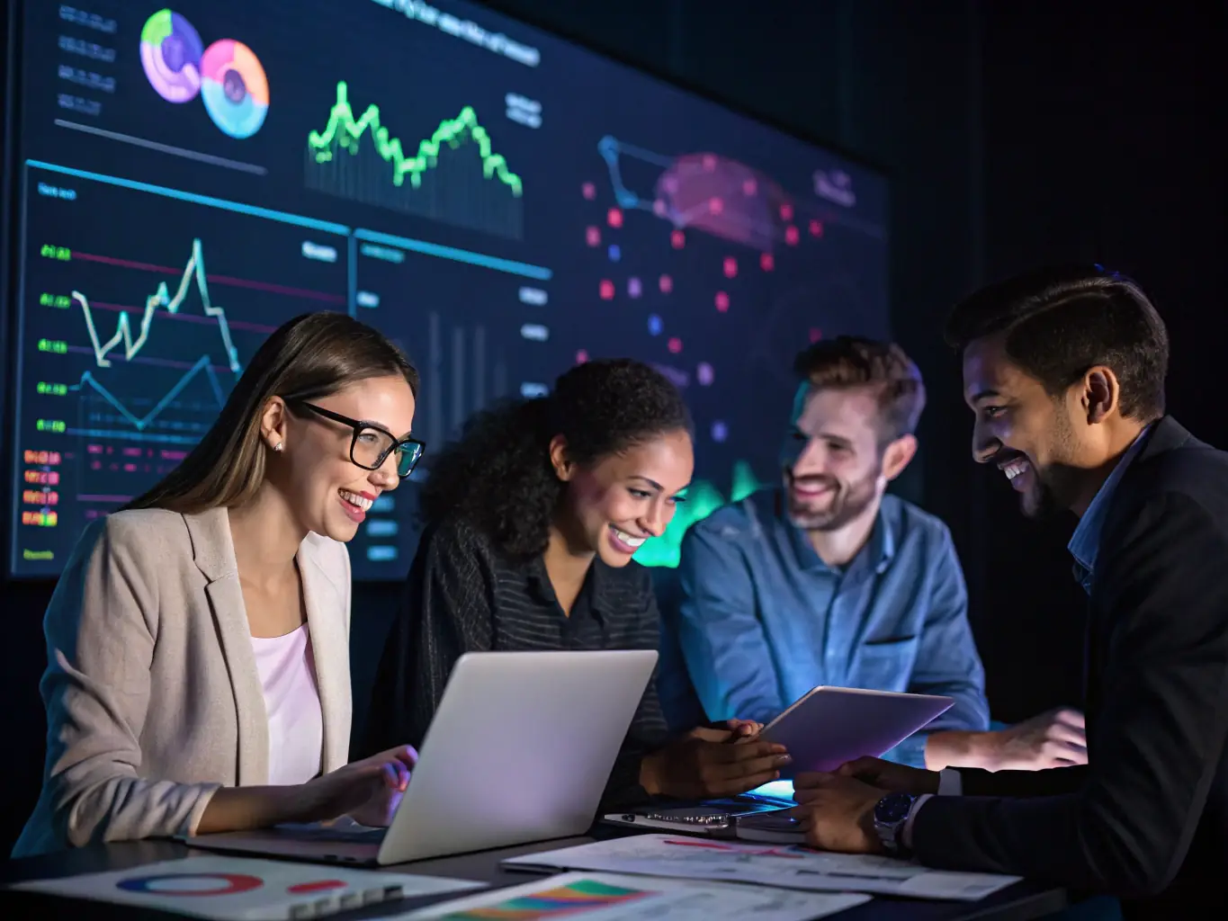 A team collaborating on a marketing strategy, using data visualizations and analytics tools, in a bright and collaborative workspace.